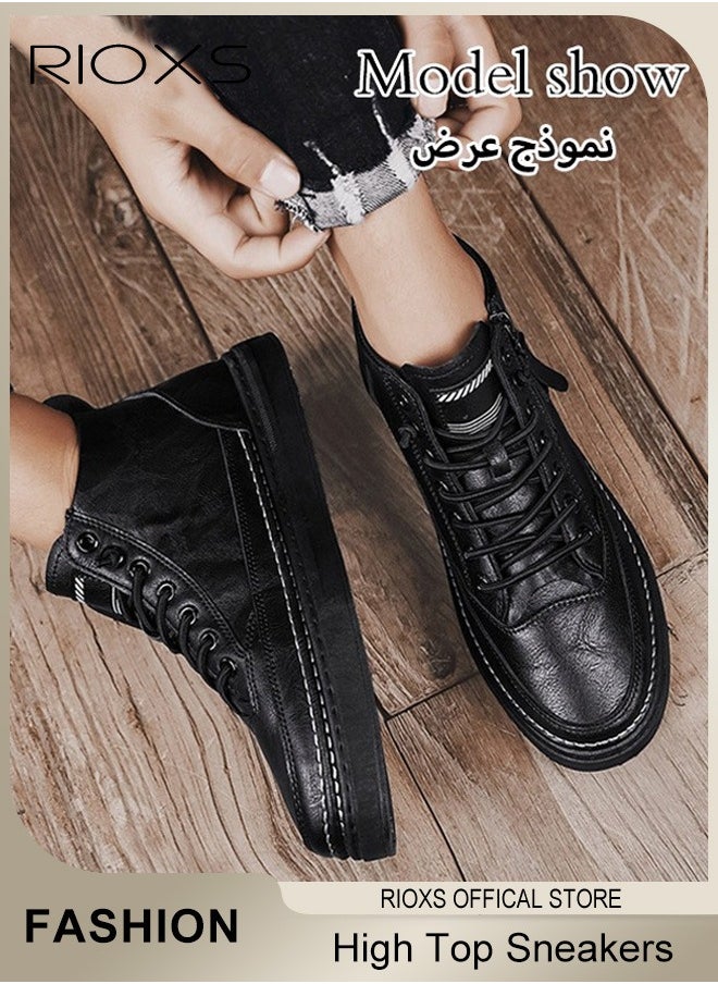 RIOXS Men's Casual Leather Boots,Fashion High Top Sneaker,Lightweight Lace Up Flat Shoes,Dressy Sneaker Ankle Boot For Men,Daily Walking Shoes For Office Family Parties Holiday Travel, Pair With Jeans Jacks Coat, Mens Athlesiure Shoes  - Image 4