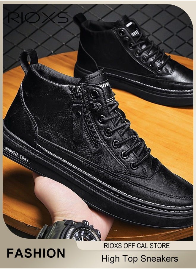 RIOXS Men's Casual Leather Boots,Fashion High Top Sneaker,Lightweight Lace Up Flat Shoes,Dressy Sneaker Ankle Boot For Men,Daily Walking Shoes For Office Family Parties Holiday Travel, Pair With Jeans Jacks Coat, Mens Athlesiure Shoes  - Image 1