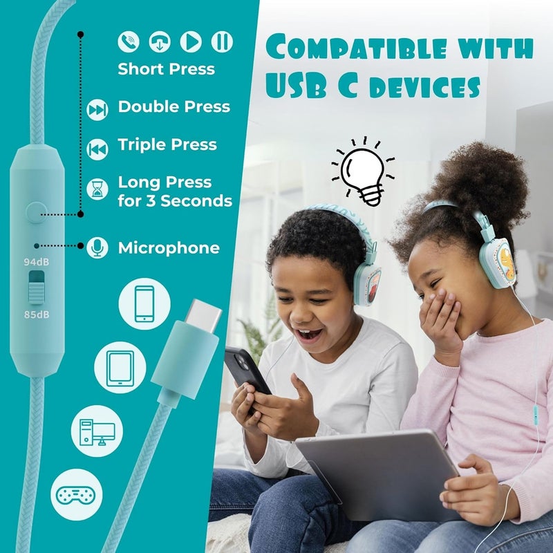 Kidrox ® Kids Headphones Wired LED Lights with Microphone, Durable and Flexible, Volume Limited 85/94db Kid Safe Dinosaur Headphones for Kids, Perfect for School or Travel. USB C Wired - Image 4
