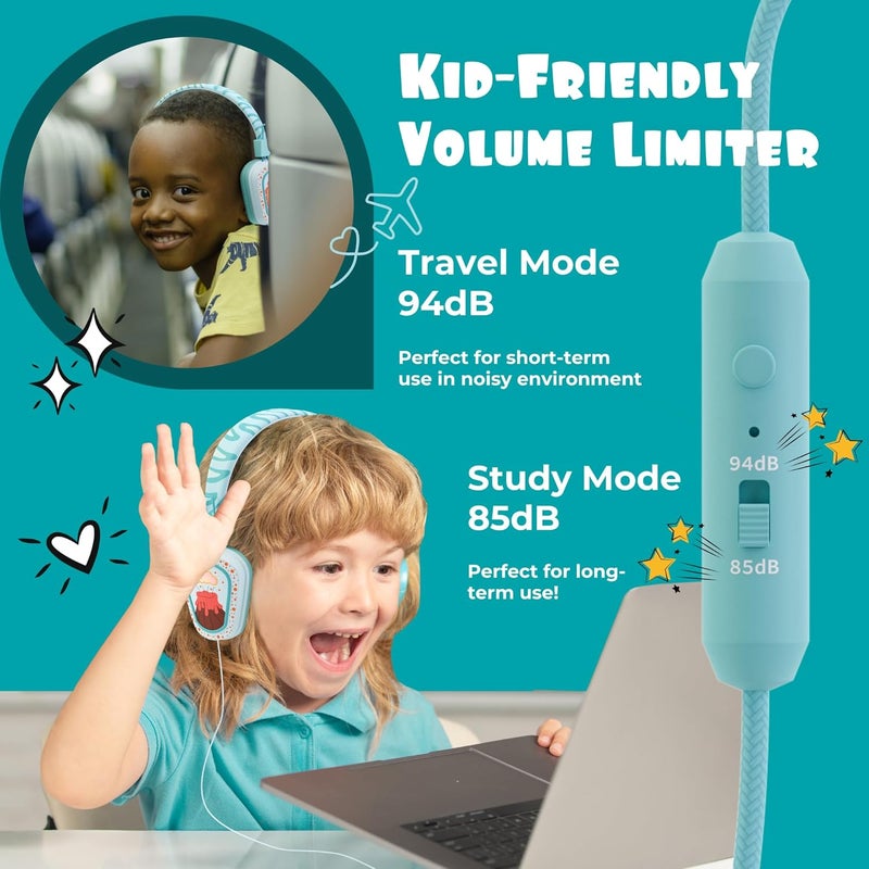 Kidrox ® Kids Headphones Wired LED Lights with Microphone, Durable and Flexible, Volume Limited 85/94db Kid Safe Dinosaur Headphones for Kids, Perfect for School or Travel. USB C Wired - Image 3