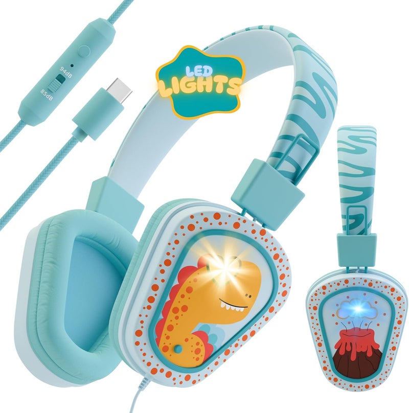 Kidrox ® Kids Headphones Wired LED Lights with Microphone, Durable and Flexible, Volume Limited 85/94db Kid Safe Dinosaur Headphones for Kids, Perfect for School or Travel. USB C Wired - Image 1
