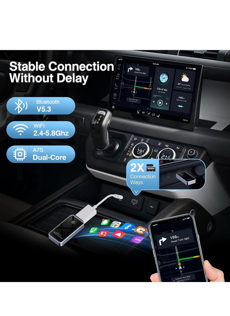 OREKO Wireless Carplay Adapter, Convert Wired to Wireless Car Play & Android Auto 2-in-1 Adapter for Apple iPhone & Android Phone, Plug & Play, Auto Connect, No Delay, with USB C, for iOS 10+ Android 11+  - Image 5