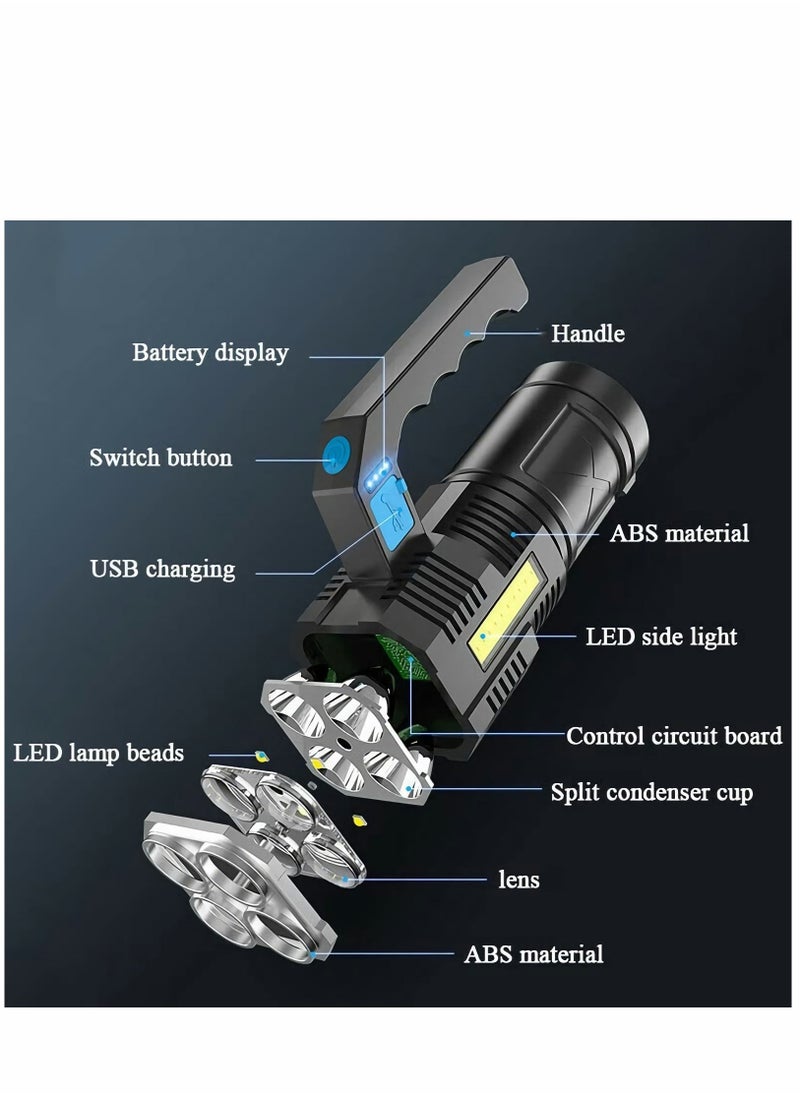 LED Flashlight Rechargeable, Handheld Torch Light for Outdoor Camping Emergency, 4 LED Zoomable Waterproof Ultra Bright USB Searchlight with COB Work Light - Image 5