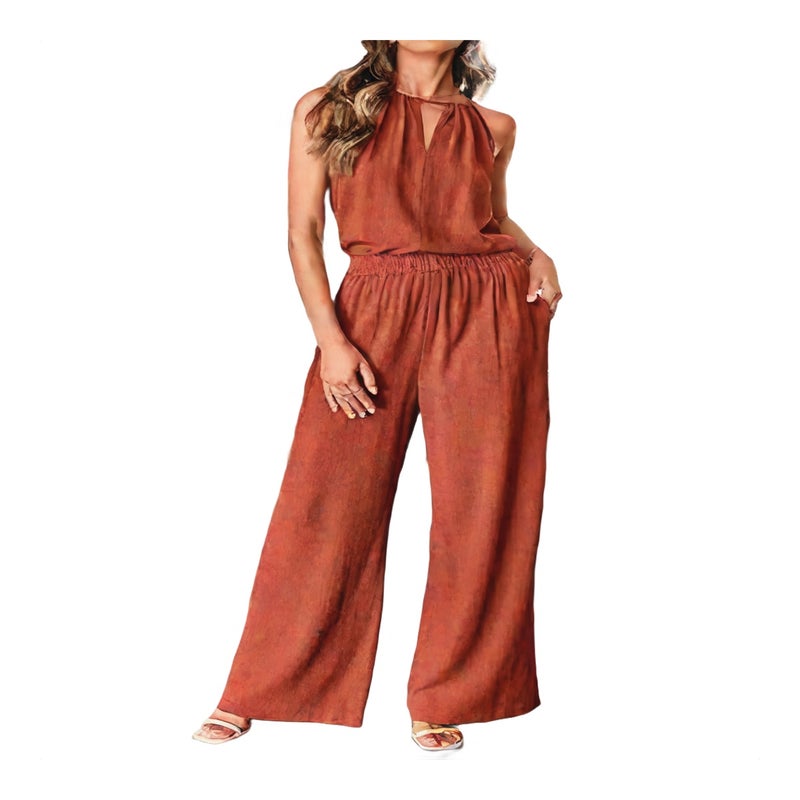 طقم صيفي للسيدات مكون من قطعتين: بلوزة مكشوفة الأكتاف وبنطلون واسع الساق بقصة مستقيمة، مصنوع من الكتان، مناسب للعطلات والاسترخاء - Image 1