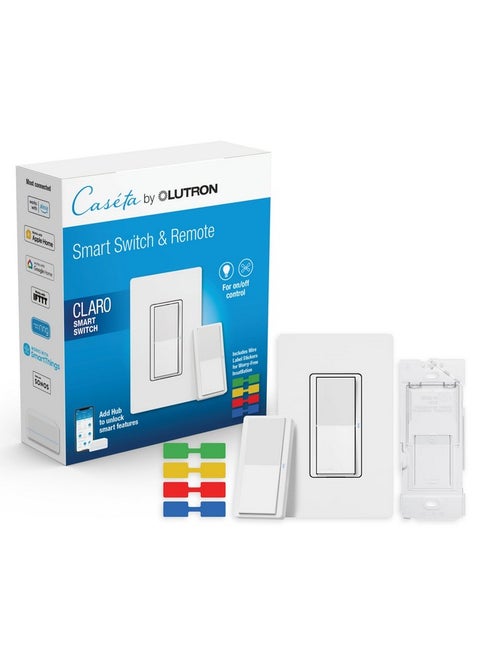 Lutron Claro Smart Switch 3-Way Kit for Caseta Smart Lighting, with Wall Plate, Pico Paddle Remote, Wallmount Bracket, and Label Stickers, 5 Amp, Single Pole/3-Way, Neutral Required, DVRF-PKG1S-WH