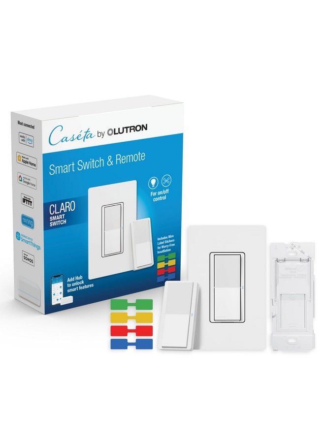 LUTRON Lutron Claro Smart Switch 3-Way Kit for Caseta Smart Lighting, with Wall Plate, Pico Paddle Remote, Wallmount Bracket, and Label Stickers, 5 Amp, Single Pole/3-Way, Neutral Required, DVRF-PKG1S-WH  - Image 1
