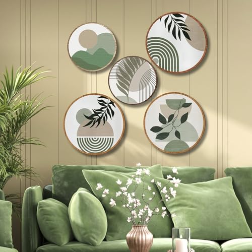 Nozvera Boho Minimalist Wall Art Set of 5 – Modern Abstract Round Prints with Green Botanical and Geometric Designs – Neutral Aesthetic Wall Decor for Living Room or Bedroom - Image 1