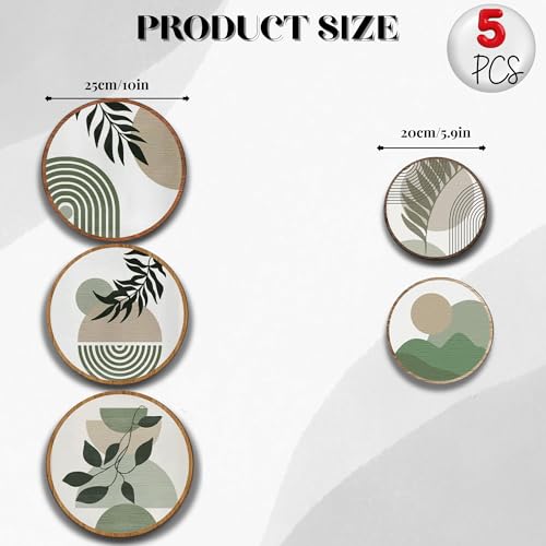 Nozvera Boho Minimalist Wall Art Set of 5 – Modern Abstract Round Prints with Green Botanical and Geometric Designs – Neutral Aesthetic Wall Decor for Living Room or Bedroom - Image 3