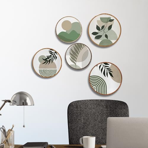 Nozvera Boho Minimalist Wall Art Set of 5 – Modern Abstract Round Prints with Green Botanical and Geometric Designs – Neutral Aesthetic Wall Decor for Living Room or Bedroom - Image 2