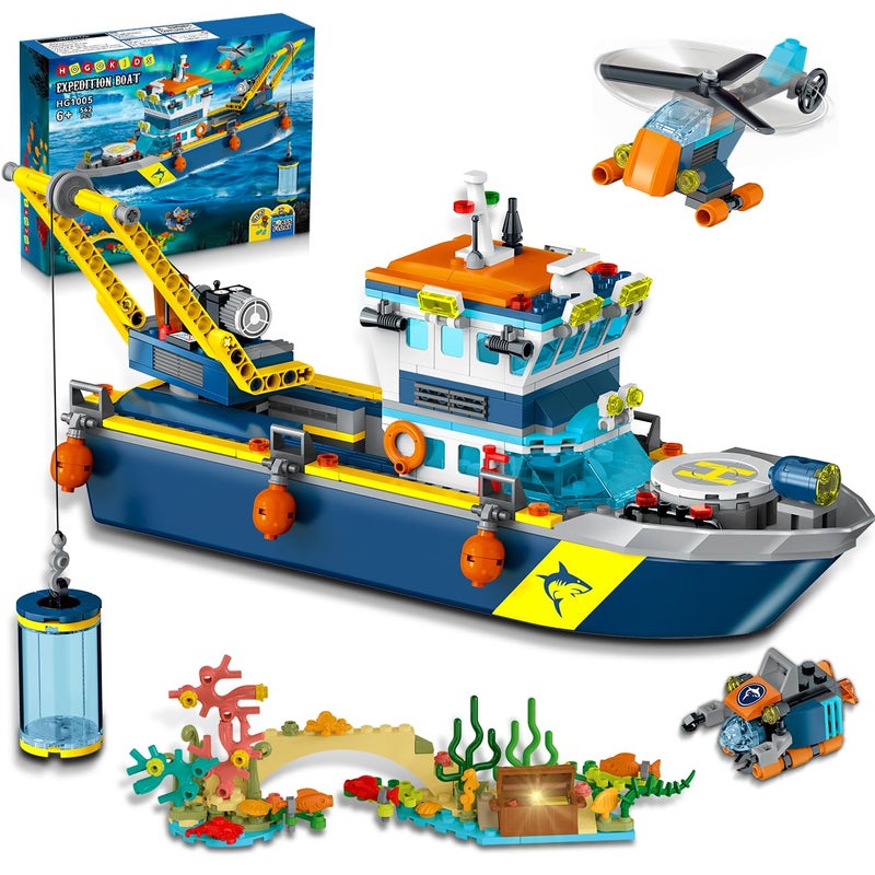 HOGOKIDS City Floatable Boat Building Set with LED Light 542 PCS Ocean Arctic Explorer Ship Building Block Kit with Helicopter Sub Shark Cage Christmas Birthday Gifts for Kids Boys Girls 6 Years Old - Image 3