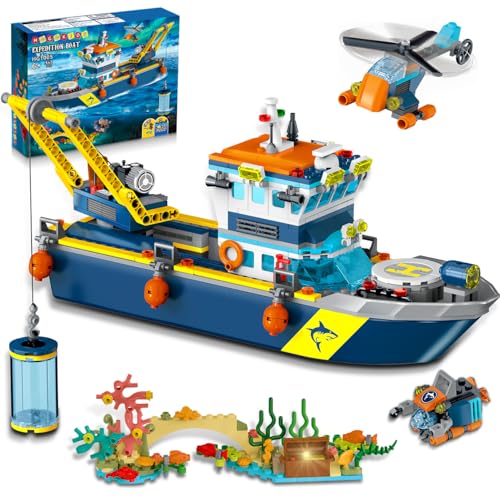 HOGOKIDS City Floatable Boat Building Set with LED Light 542 PCS Ocean Arctic Explorer Ship Building Block Kit with Helicopter Sub Shark Cage Christmas Birthday Gifts for Kids Boys Girls 6 Years Old - Image 1