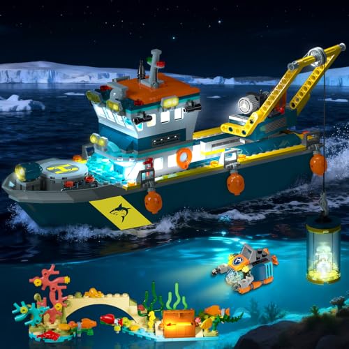 HOGOKIDS City Floatable Boat Building Set with LED Light 542 PCS Ocean Arctic Explorer Ship Building Block Kit with Helicopter Sub Shark Cage Christmas Birthday Gifts for Kids Boys Girls 6 Years Old - Image 5