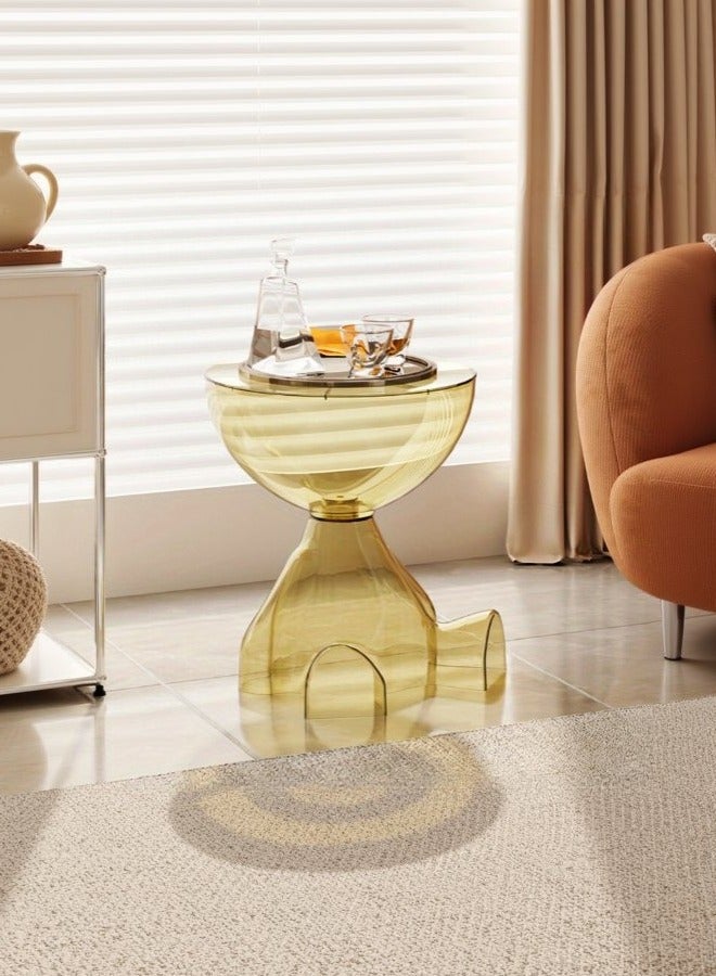 شو وو طاولة جانبية مستديرة، طاولة قهوة مع مساحة تخزين مخفية، طاولة تخزين شفافة بجانب السرير مناسبة لغرفة النوم وغرفة المعيشة والشقة، لا تتطلب تجميعًا، لون أصفر شفاف - Image 1