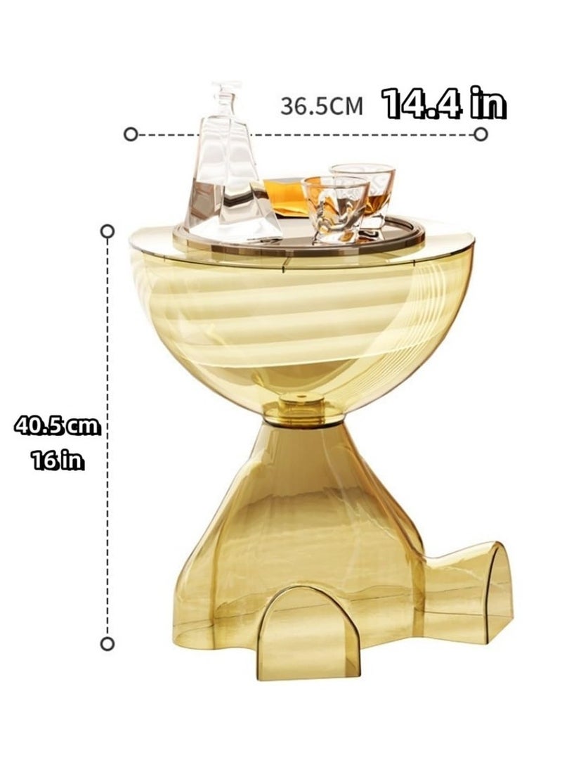 شو وو طاولة جانبية مستديرة، طاولة قهوة مع مساحة تخزين مخفية، طاولة تخزين شفافة بجانب السرير مناسبة لغرفة النوم وغرفة المعيشة والشقة، لا تتطلب تجميعًا، لون أصفر شفاف - Image 4