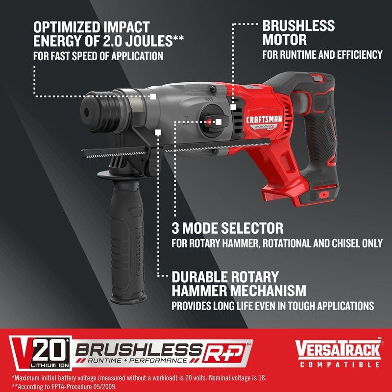 CRAFTSMAN V20 RP SDS Rotary Hammer Drill Cordless 78 inch 2 Joules Bare Tool Only CMCH234B - Image 2