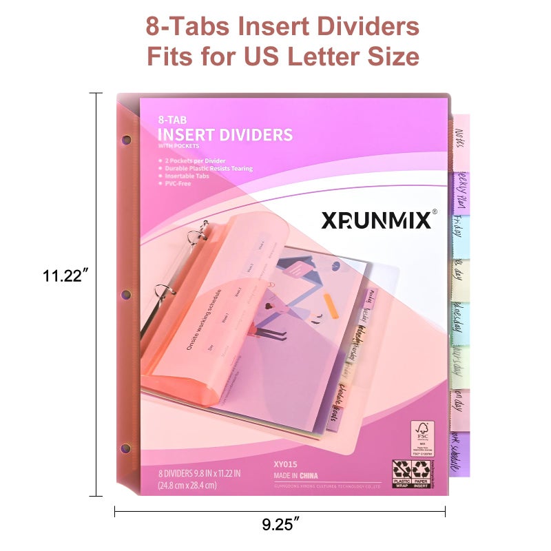 XRUNMIX 8-Tab Binder Dividers, Index Pockets for 3 Ring Binders, 8 Pastel Colors, US Letter Size (1) - Image 2