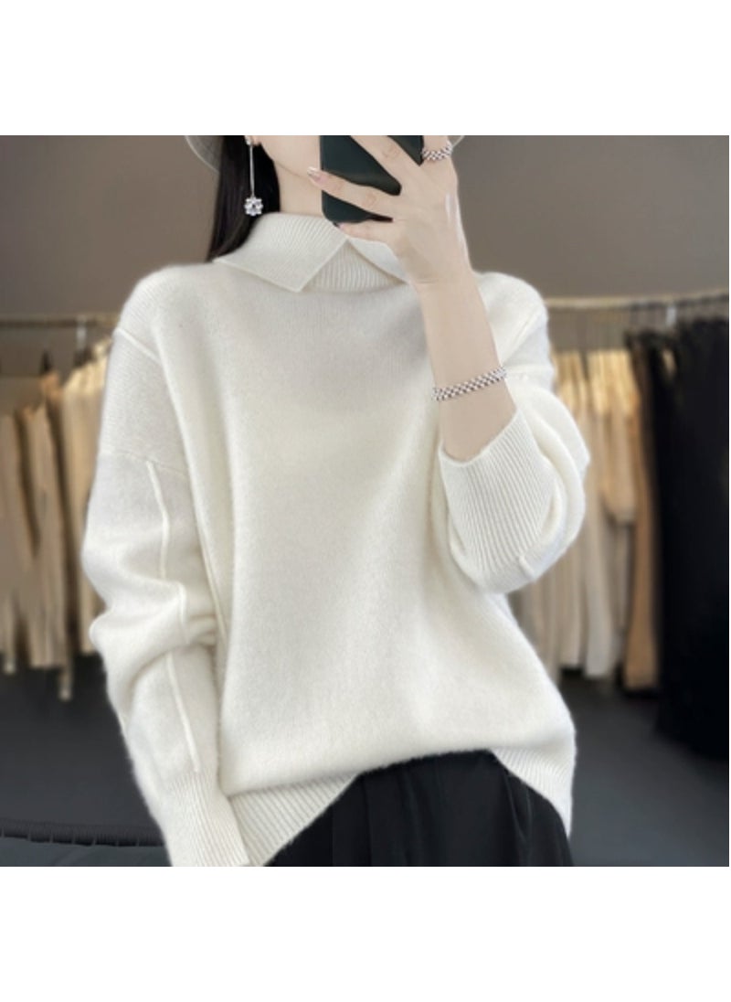 Generic - 2023 Autumn/Winter New Lapel Pure Wool Sweater Womens Loose-Fit Solid Color Thickened Pullover Base Knitted Top Stylish Beige - Image 1