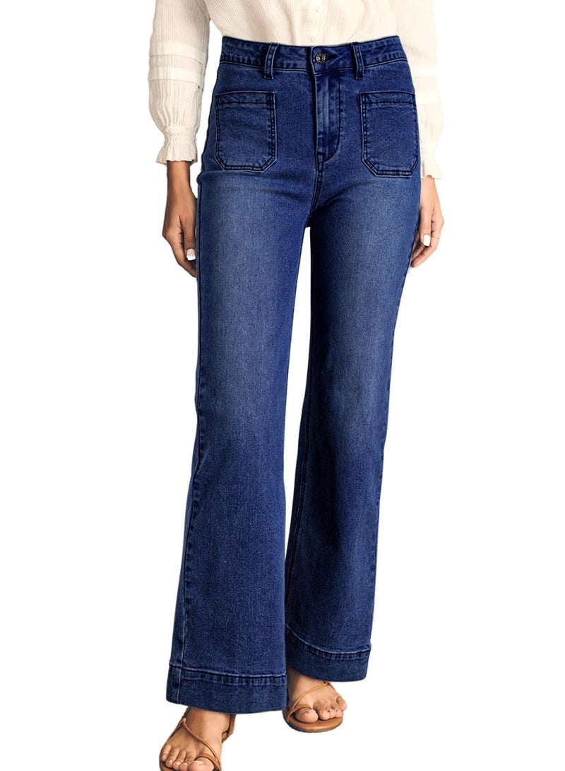 Astylish Womens Pull On Jeans High Waisted Wide Leg Baggy Jean for Women Stretch Denim Pants with Patch Pockets Size 8 Navy Blue - Image 1