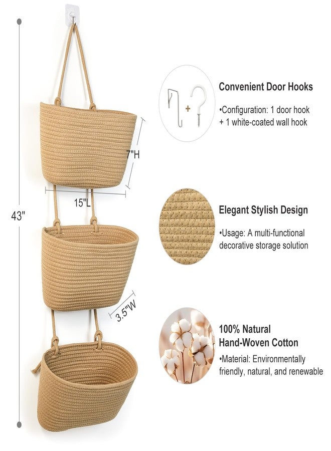 DULLEMELO سلال حائطية من دوليميلو للتخزين، سلال معلقة من القطن المنسوج بثلاث طبقات للتنظيم، سلال حائطية من الجوت مع خطافات للأبواب، سلة تُعلق فوق الباب - Image 2