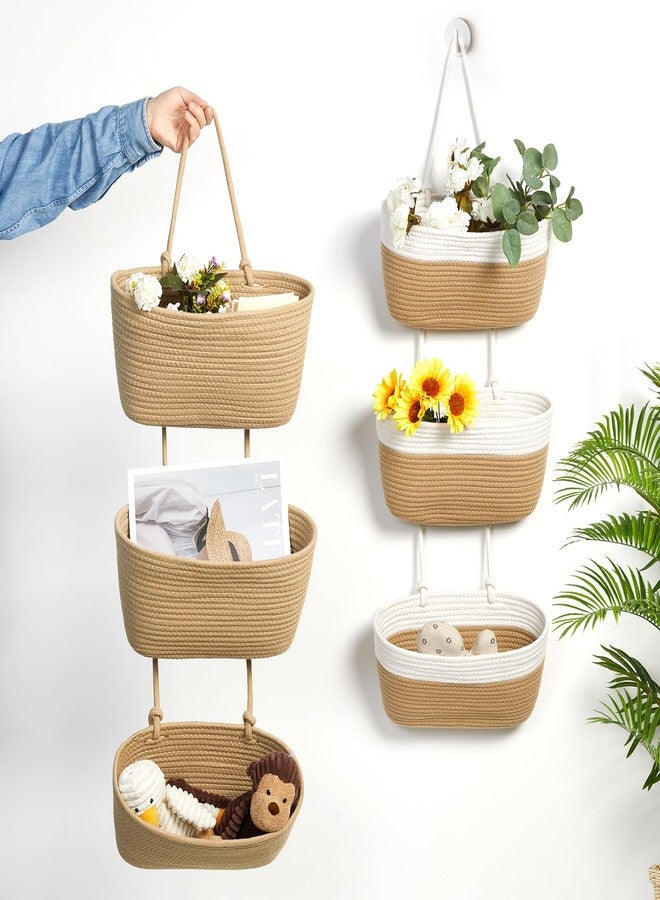 DULLEMELO سلال حائطية من دوليميلو للتخزين، سلال معلقة من القطن المنسوج بثلاث طبقات للتنظيم، سلال حائطية من الجوت مع خطافات للأبواب، سلة تُعلق فوق الباب - Image 4