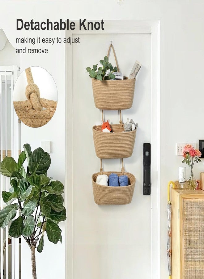DULLEMELO سلال حائطية من دوليميلو للتخزين، سلال معلقة من القطن المنسوج بثلاث طبقات للتنظيم، سلال حائطية من الجوت مع خطافات للأبواب، سلة تُعلق فوق الباب - Image 3