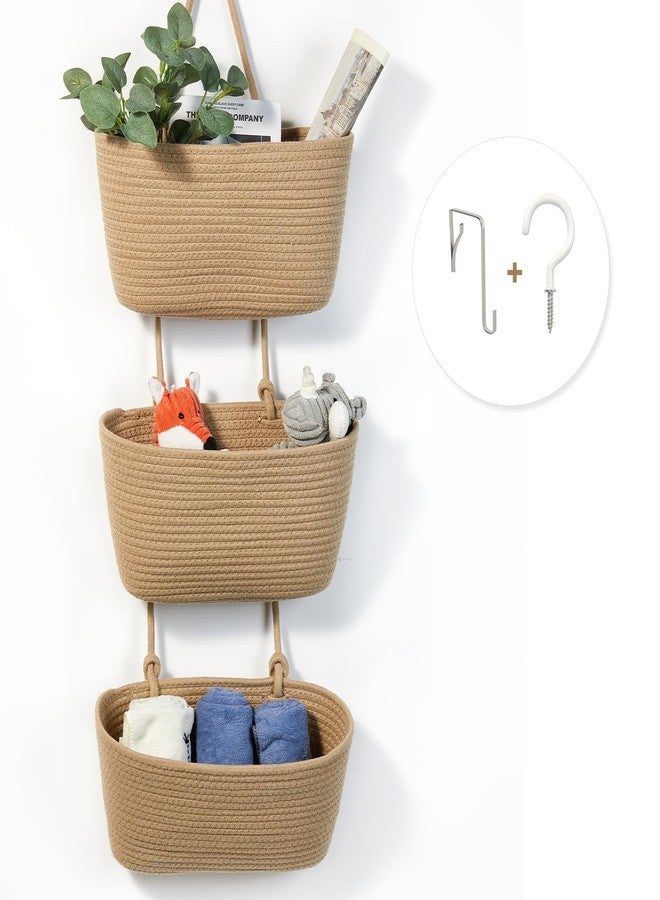 DULLEMELO سلال حائطية من دوليميلو للتخزين، سلال معلقة من القطن المنسوج بثلاث طبقات للتنظيم، سلال حائطية من الجوت مع خطافات للأبواب، سلة تُعلق فوق الباب - Image 1