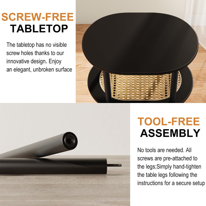 BITYODD Small Rattan Side/Accent Table with Storage, 3 Tier Round/Oval End Table with Rattan Shelf & Metal Basket, Boho Nightstand, Tool Free Assembly/Screw-Hole Free Tabletop-Living Room Bedroom-Black - Image 4