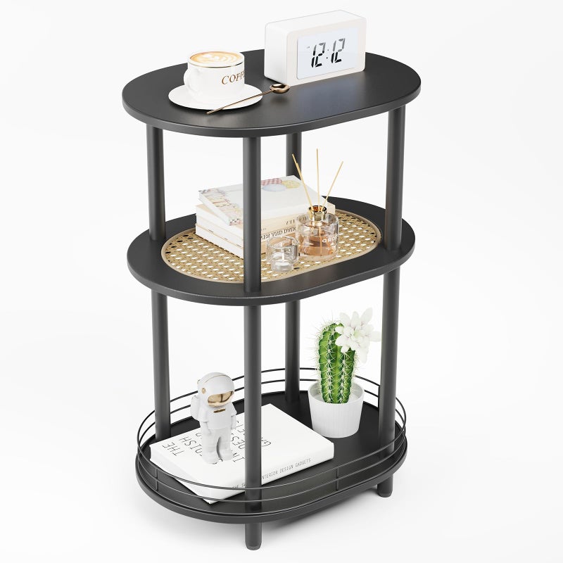 BITYODD Small Rattan Side/Accent Table with Storage, 3 Tier Round/Oval End Table with Rattan Shelf & Metal Basket, Boho Nightstand, Tool Free Assembly/Screw-Hole Free Tabletop-Living Room Bedroom-Black - Image 1