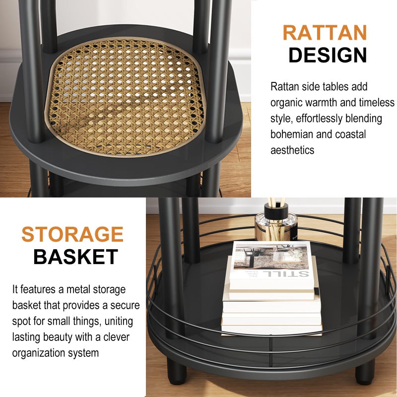 BITYODD Small Rattan Side/Accent Table with Storage, 3 Tier Round/Oval End Table with Rattan Shelf & Metal Basket, Boho Nightstand, Tool Free Assembly/Screw-Hole Free Tabletop-Living Room Bedroom-Black - Image 3