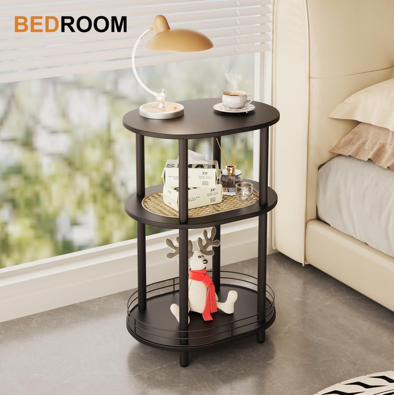 BITYODD Small Rattan Side/Accent Table with Storage, 3 Tier Round/Oval End Table with Rattan Shelf & Metal Basket, Boho Nightstand, Tool Free Assembly/Screw-Hole Free Tabletop-Living Room Bedroom-Black - Image 2