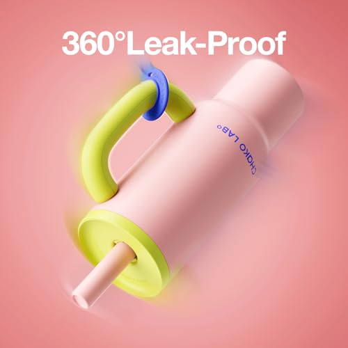 CHAKO LAB BaWang Insulated Stainless Steel Tumbler | Tumbler with Handle and Straw 33oz | Cup Holder Friendly for Travel | Leakproof Water Bottle | BPA-Free | 316 stainless steel liner| pink＆green - Image 5