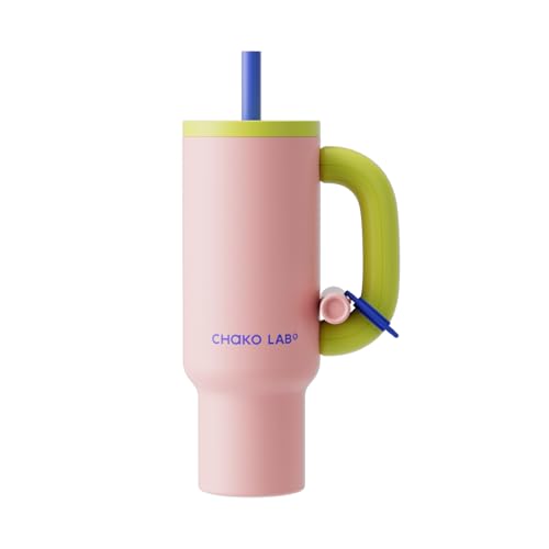 CHAKO LAB BaWang Insulated Stainless Steel Tumbler | Tumbler with Handle and Straw 33oz | Cup Holder Friendly for Travel | Leakproof Water Bottle | BPA-Free | 316 stainless steel liner| pink＆green - Image 1