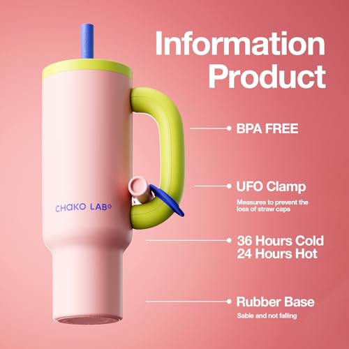 CHAKO LAB BaWang Insulated Stainless Steel Tumbler | Tumbler with Handle and Straw 33oz | Cup Holder Friendly for Travel | Leakproof Water Bottle | BPA-Free | 316 stainless steel liner| pink＆green - Image 2