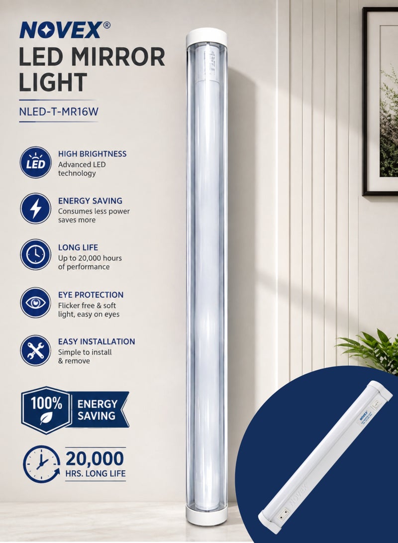 NOVEX LED Mirror Light with Shaver Socket, 16W, NLED-T-MR16W, High Brightness, Energy Saving, Up to 20,000 Hours Long Life, Flicker-Free Light, Easy Installation, Bathroom Mirror Wall Light - Image 1