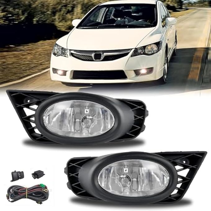 Unity Fog Lights Assembly For 2009 2010 2011 Honda Civic Sedan Front Fog Lamps With Switch Wiring Harness And Clear Lens Driver And Passenger Side Hd769 - Image 2