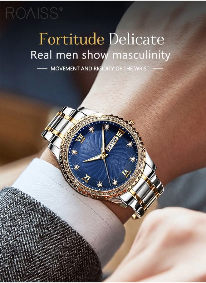 roaiss - Men's Stainless Steel Strap Quartz Watch Analog Display Round Blue Dial with Rhinestone-set Bezel Waterproof Luminous Wristwatch as Gift for Men - Image 1