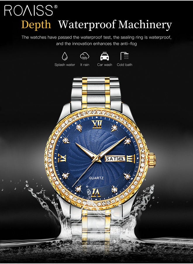 roaiss - Men's Stainless Steel Strap Quartz Watch Analog Display Round Blue Dial with Rhinestone-set Bezel Waterproof Luminous Wristwatch as Gift for Men - Image 1