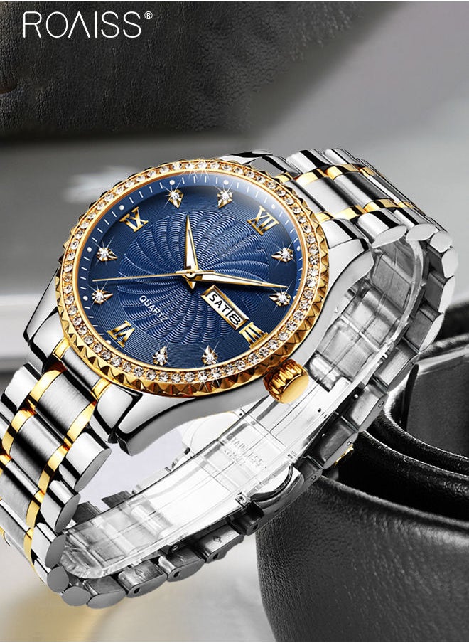 roaiss - Men's Stainless Steel Strap Quartz Watch Analog Display Round Blue Dial with Rhinestone-set Bezel Waterproof Luminous Wristwatch as Gift for Men - Image 1