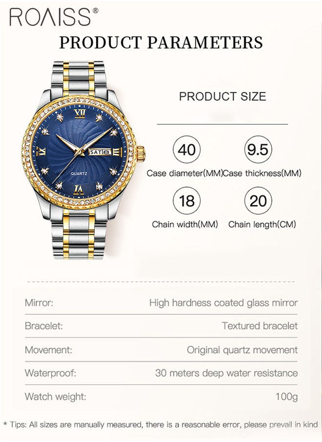roaiss - Men's Stainless Steel Strap Quartz Watch Analog Display Round Blue Dial with Rhinestone-set Bezel Waterproof Luminous Wristwatch as Gift for Men - Image 1