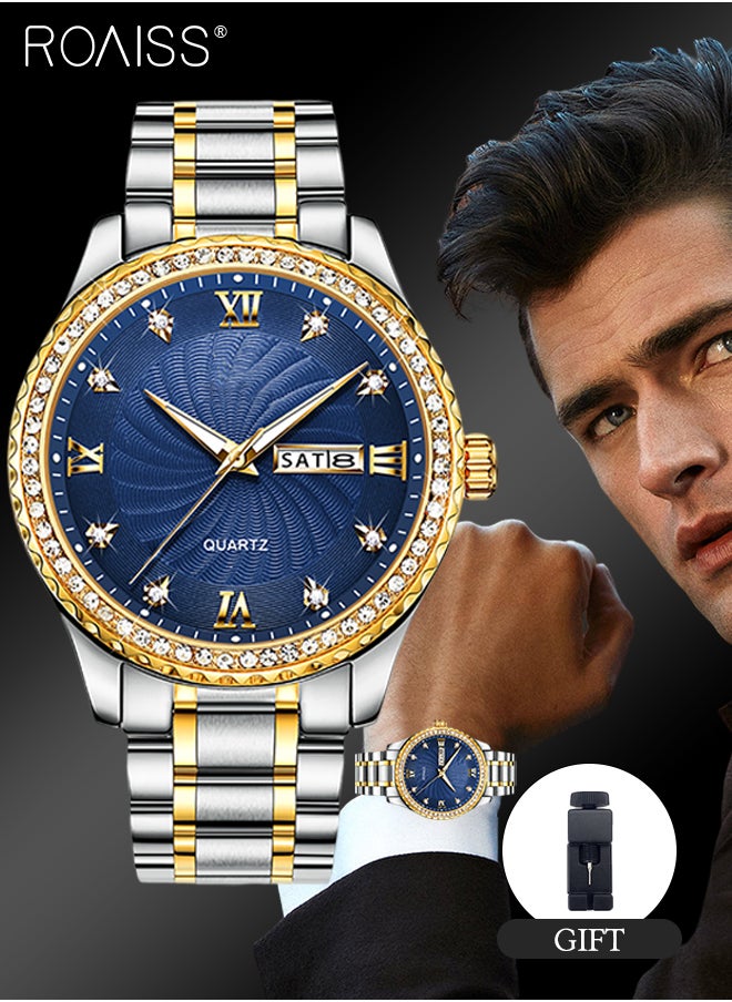 roaiss - Men's Stainless Steel Strap Quartz Watch Analog Display Round Blue Dial with Rhinestone-set Bezel Waterproof Luminous Wristwatch as Gift for Men - Image 1