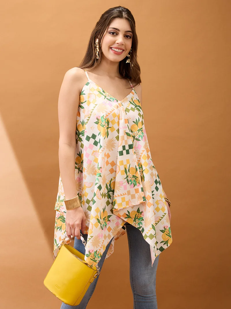 globus Women Off White V-Neck Strappy Shoulder Floral & Fruit Print Asymmetric Hem Fusion Tunic