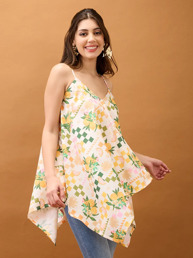globus Women Off White V-Neck Strappy Shoulder Floral & Fruit Print Asymmetric Hem Fusion Tunic