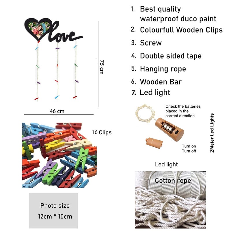 VAH- Kya Bat Hai !! VAH Love with lightdesign Hanging Photo Display Picture Frame Collage Picture Display Organizer with Wood Clips LED Light for Wall Decor Hanging Photos  - Image 2