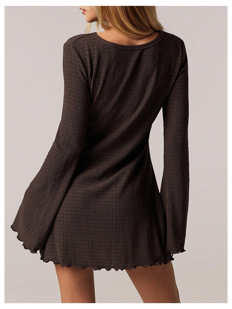 BEAUDRM Women's Lettuce Trim Mini Dress Y2k Bell Long Sleeve Crew Neck Going Out Party Dresses Coffee Brown Large - Image 2