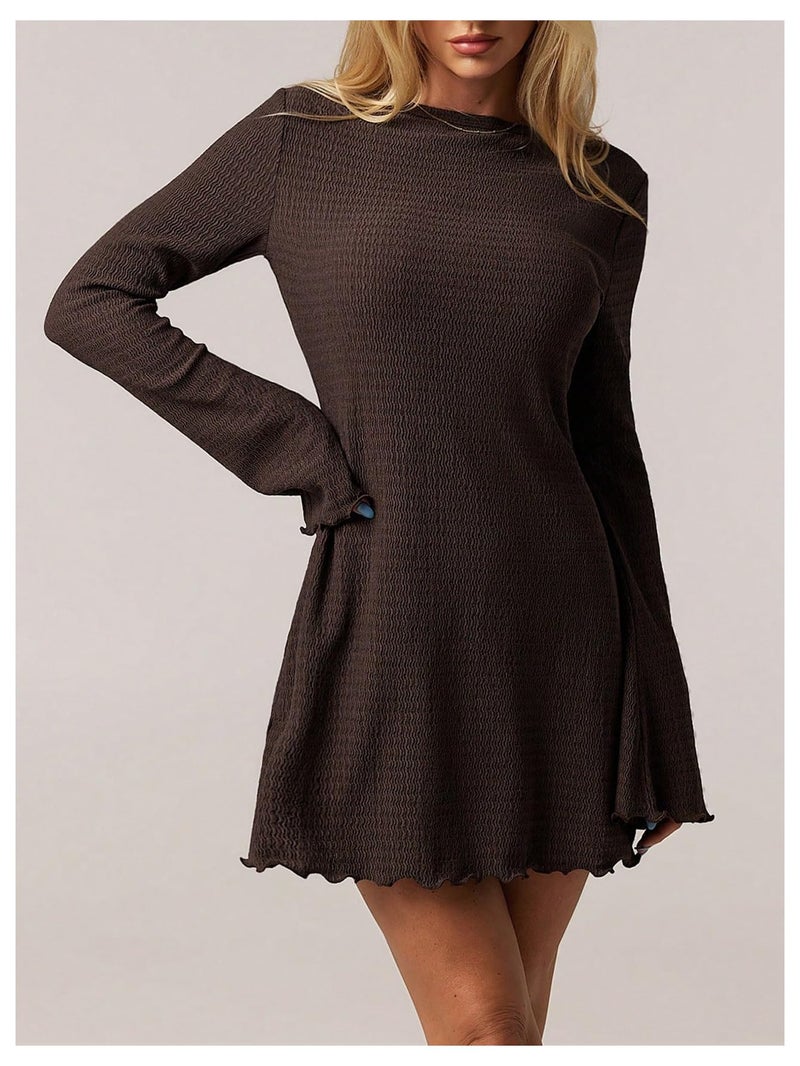 BEAUDRM Women's Lettuce Trim Mini Dress Y2k Bell Long Sleeve Crew Neck Going Out Party Dresses Coffee Brown Large - Image 5
