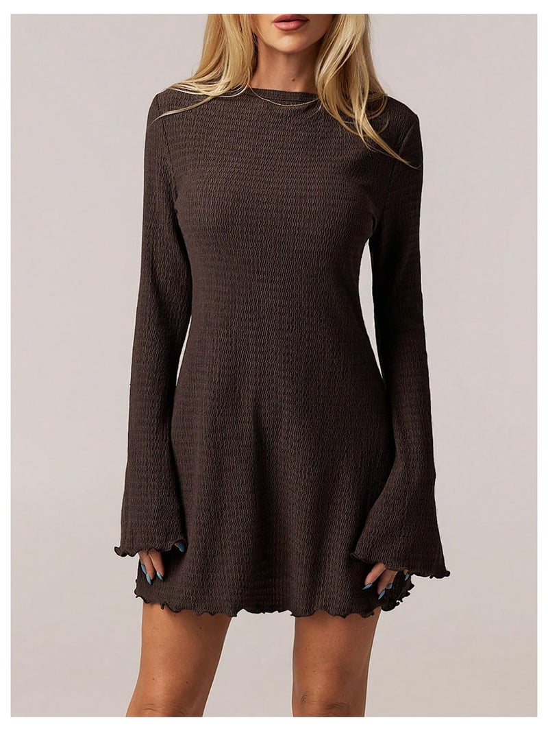 BEAUDRM Women's Lettuce Trim Mini Dress Y2k Bell Long Sleeve Crew Neck Going Out Party Dresses Coffee Brown Large - Image 4