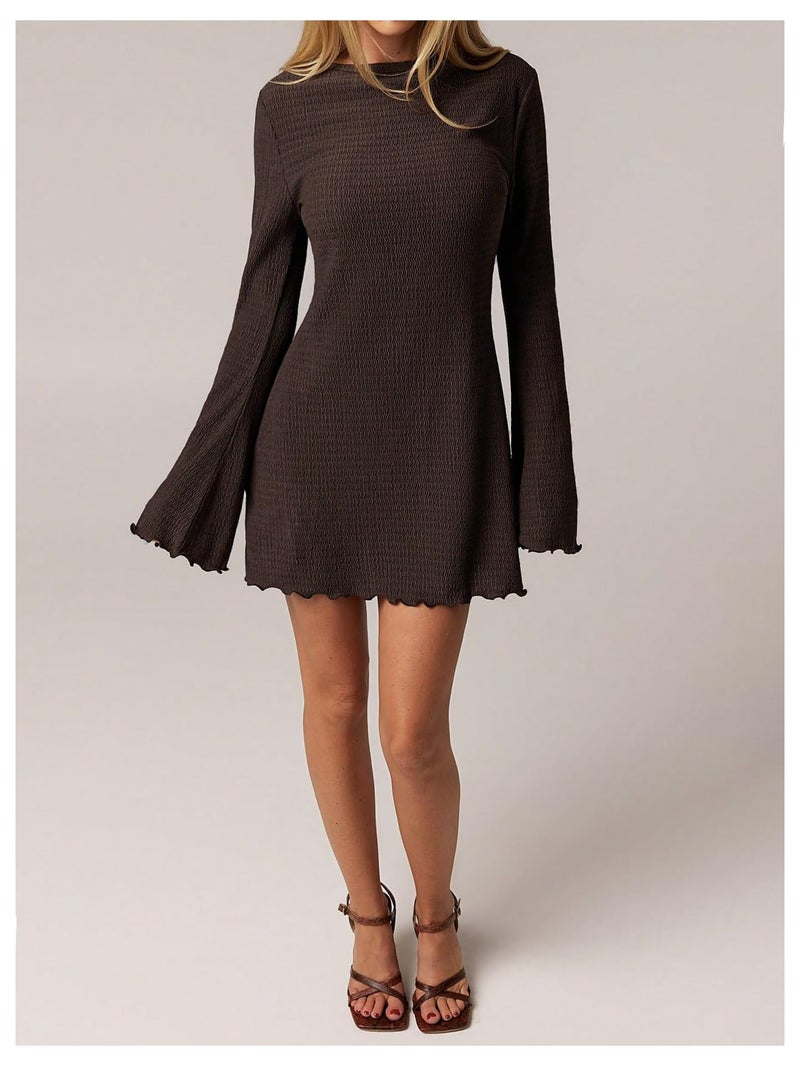 BEAUDRM Women's Lettuce Trim Mini Dress Y2k Bell Long Sleeve Crew Neck Going Out Party Dresses Coffee Brown Large - Image 3