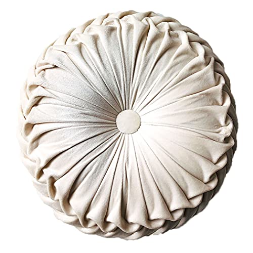 Teieas Round Throw Pillow Velvet Home Decoration Pleated Round Pillow Cushion for Couch Chair Bed Car Beige - Image 1
