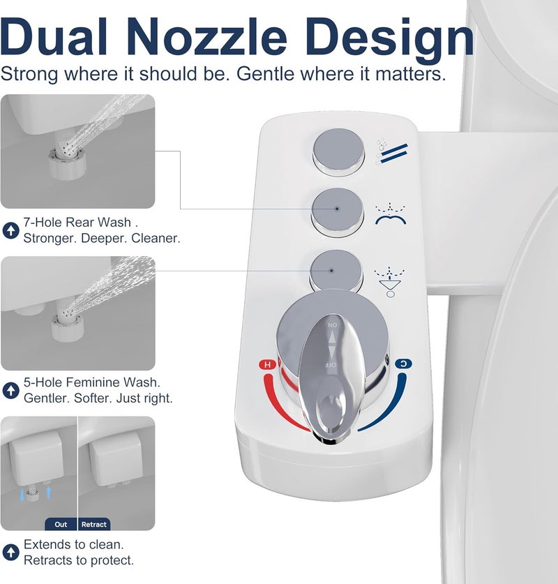 DIHAF Bidet Attachment for Toilet. Dual Nozzles with Feminine & Rear Wash, Hot and Cold Water, 3-Button Control, Adjustable Pressure & Temperature, Self-Cleaning Sprayeres, Easy Install by Yourself. - Image 4