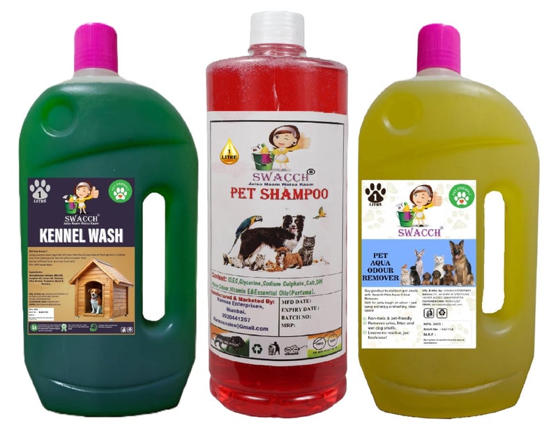 swacch Kennel Wash (Jasmine) + Pet Shampoo (Strawberry) I Pet Aqua Odour Remover (Lemon) 1 Litre Combo Pack of 3 Economical Pack I Dog and Cat Friendly - Image 1